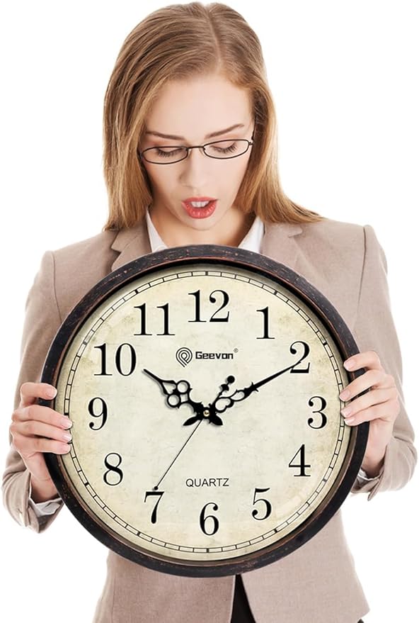 Geevon Vintage Wall Clock, Silent 14" Non Ticking Retro Round Clock Quartz Decorative Battery Operated Wall Clock for Kitchen,Office,Classroom,Bedroom,Living Room Decor
