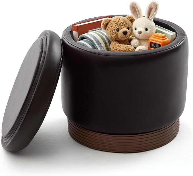 Round Ottoman with Storage,Swivel Vanity Stool-Leather Foot Rest,Upholstered Footstool Pouf with Sturdy Wooden Frame(500 Lb),Small Coffee Table & Hidden Storage Ottoman for Living Room