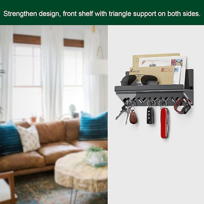 Decorative Acrylic Key Hooks Wall Mount with Shelf - Entryway Key Rack Mail Organizer Living Room Decor (Black)