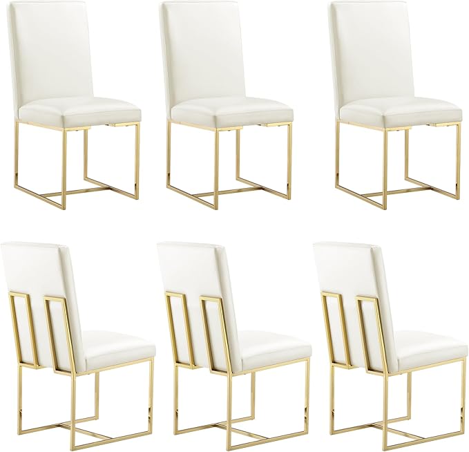 AUZ Dining Chairs Set of 6, White Faux Leather Dining Room Chairs with Gold Stainless Steel Sled Legs