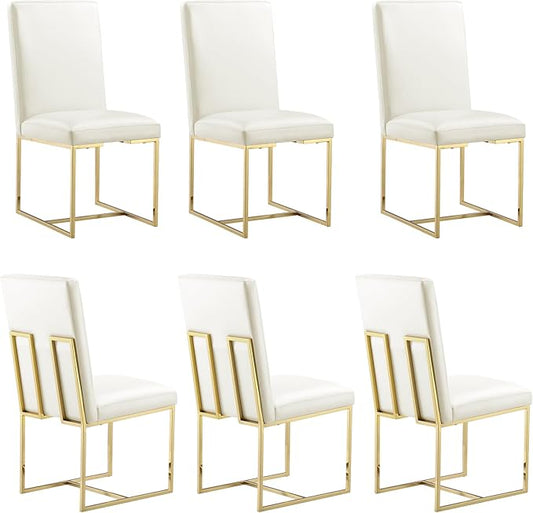 AUZ Dining Chairs Set of 6, White Faux Leather Dining Room Chairs with Gold Stainless Steel Sled Legs