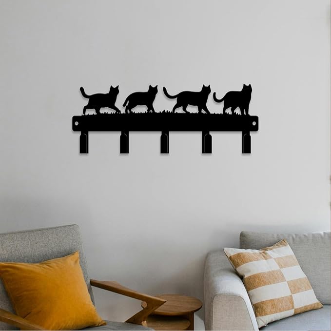 magilab Cat-Themed 10-Inch Iron Key Hooks with 5 Hooks, Black Wall Organizer - Cute Cat Design for Home Decor, No Drill & Screw-in Options (Style B)