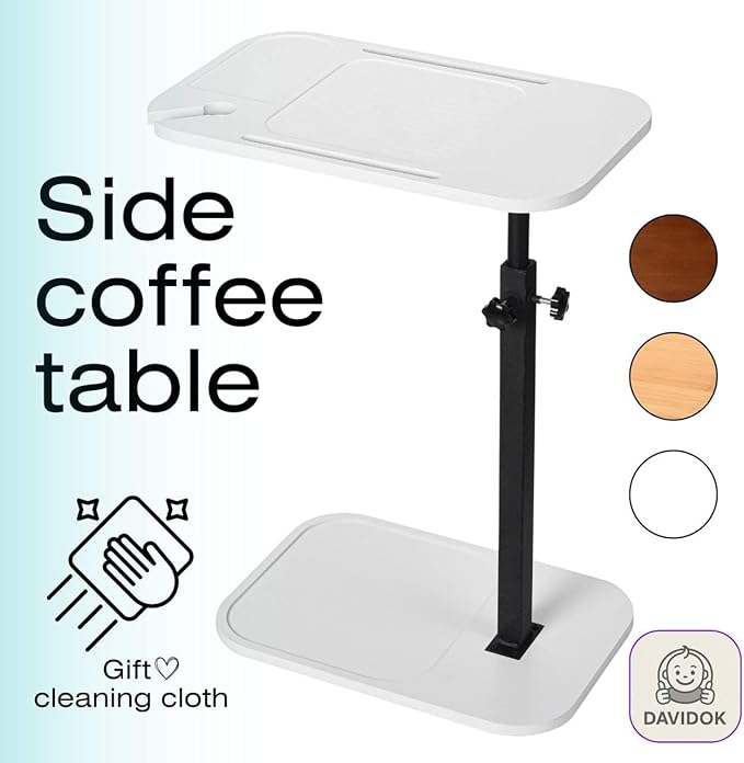 DAVIDOK C-Shaped Sofa End Table, Adjustable Height Couch Side Table with Device Slot, White Color with Black Metal Stand, Couch Table for Living Room, Bedroom