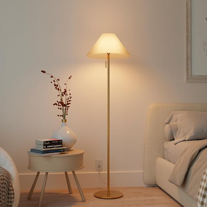 GLOBE Electric 61000176 62" Floor Lamp, Brass Finish, Metal, Pleated Fabric Shade, Flat Base, Pull Chain Switch on Socket, Reading Light, Office Accessories, House Decor