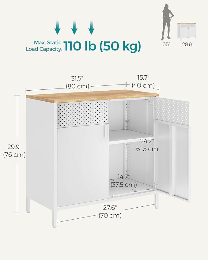 SONGMICS Storage Cabinet, Metal Cabinet, Sideboard with 2 Doors, 15.7 x 31.5 x 29.9 Inches, Magnetic Closure, Adjustable Shelf, Steel Frame, Natural Beige and White ULSC102W57