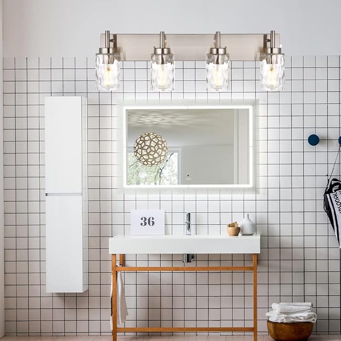 BONLICHT Bathroom Vanity Light Fixtures Brushed Nickel 4-Light with Clear Water Glass Shade Contemporary Wall Sconces Farmhouse Bathroom Lighting Wall Mount Lamp for Living Room Bedroom Bar Office