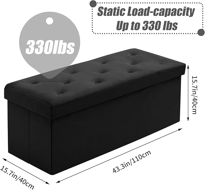 BRIAN & DANY 43 Inches Ottoman with Storage, Velvet Storage Ottoman Bench, Folding Ottomans for Bedroom, Living Room and Entryway (Black)