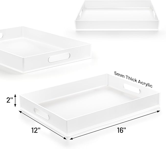 16"x12" Large Acrylic Serving Tray Decorative Ottoman Coffee Table Vanity Tray Tea Fruit Platter Snack Appetizer Dessert Drink with Handles for Bar Kitchen Party, Frosted