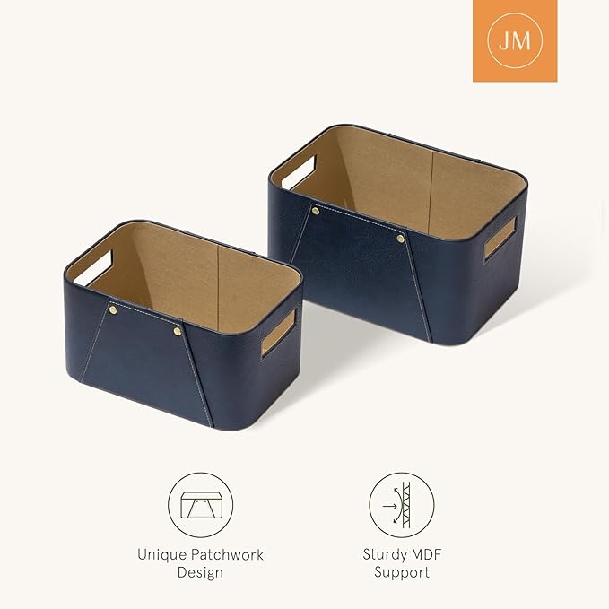 La Jolie Maison Storage Baskets for Organizing, 2 Pack, Luxury Vegan Leather Storage Cube Boxes for Closet Shelf Cabinet Bookcase, Navy Blue
