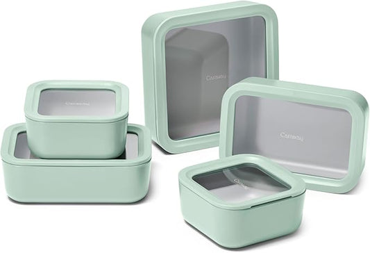 Caraway 13pc Glass Food Storage Container Set - Easy to Store, Non Toxic Lunch Box - with Glass Lids - Includes Storage Organizer - Mist