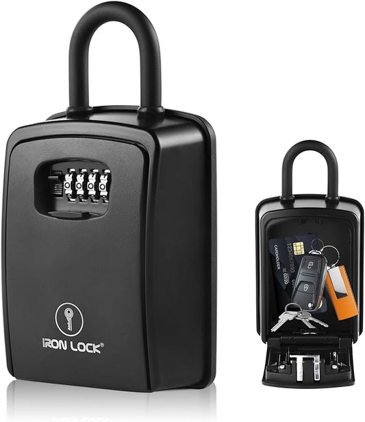 Iron Lock® Key Lock Box Portable with U-Shackle – XXL Waterproof Heavy-Duty Metal Safe with 4-Digit Combination for Spare Keys Outside on Door Knob, Fence or Gate (Black, XXL)