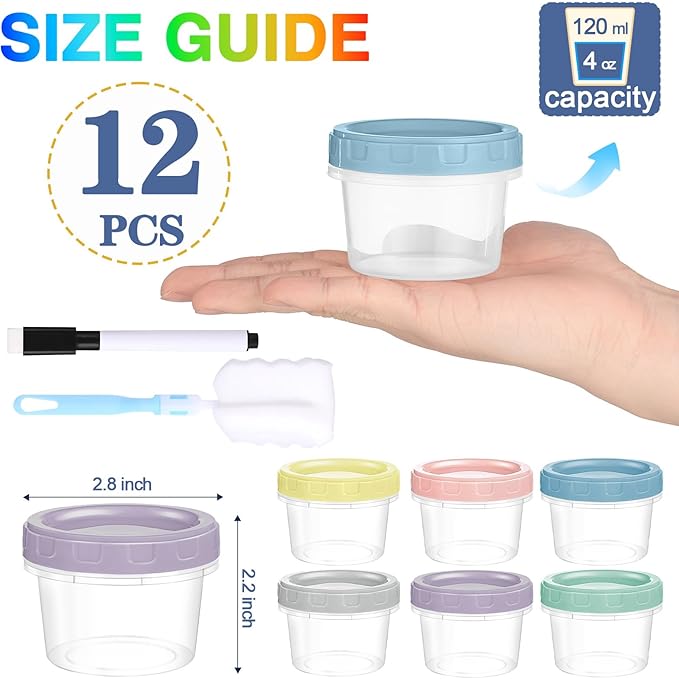 12pcs 4 oz Plastic Containers with Screw Lids, Reusable 1/2 Cup Small Food Storage Containers, Leakproof, Microwave Dishwasher Freezer Safe, with Pen and Brush