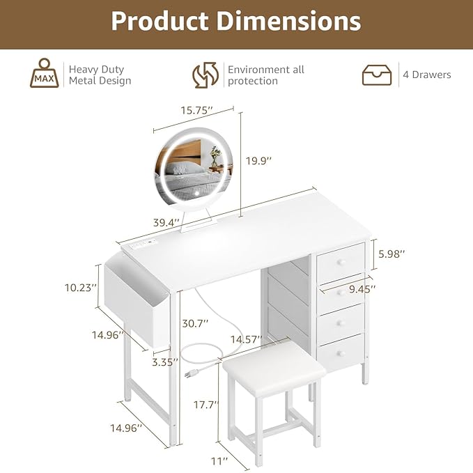 White Vanity Desk with Mirror and Light- Makeup Vanity Set Table with Chair, Storage, Lighted Mirror, 4 Large Fabric Drawers & Power Outlet, Dressing Table Vanities for Girls Bedroom