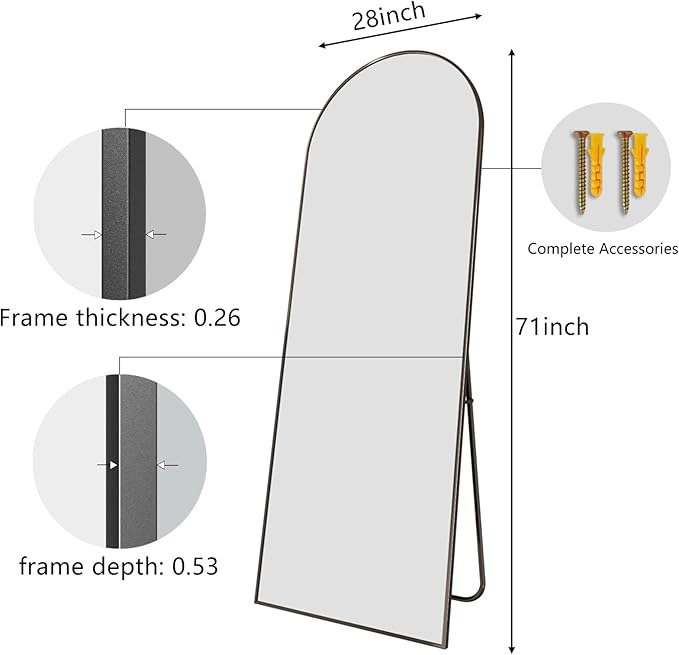 Mirror Full Length, 28"x71" Large Arched Floor Full Length Mirror with Stand, Room Decor Big Full Body Floor Mirror with HD Tempered Glass Aluminum Frame for Bedroom Living Room, Black