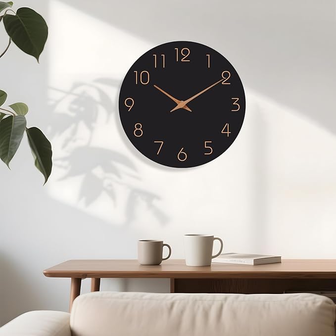 Mosewa Wall Clock 14 Inch Black Battery Operated Silent Non Ticking Simple Minimalist Rose Gold Numbers Decorative for Bedroom Living Room Kitchen Home Office