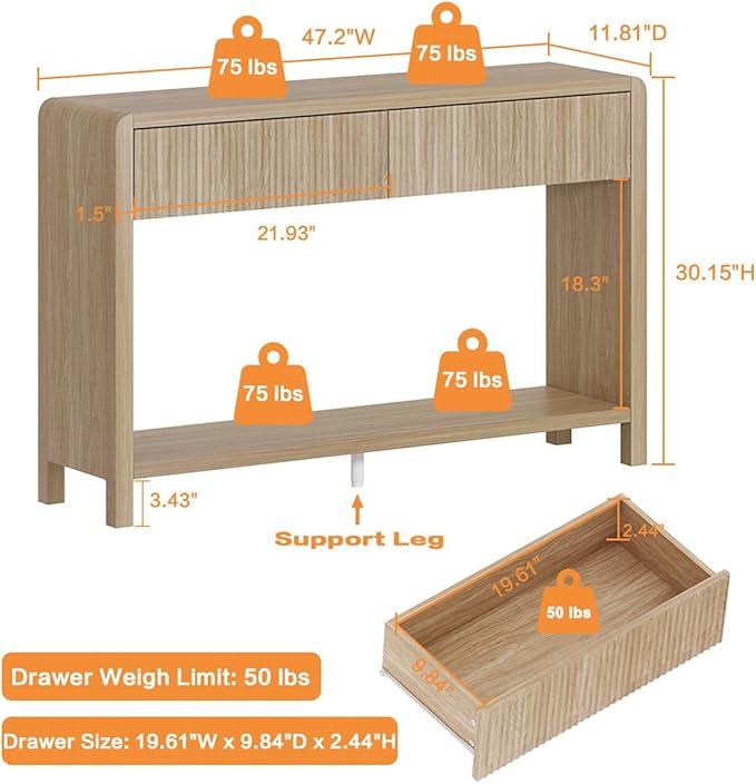 FATORRI Console Table for Entryway Storage, Wood Sofa Tables for Living Room, Couch Table with 2 Drawers for Hallway (47.2 inch, Light Walnut)