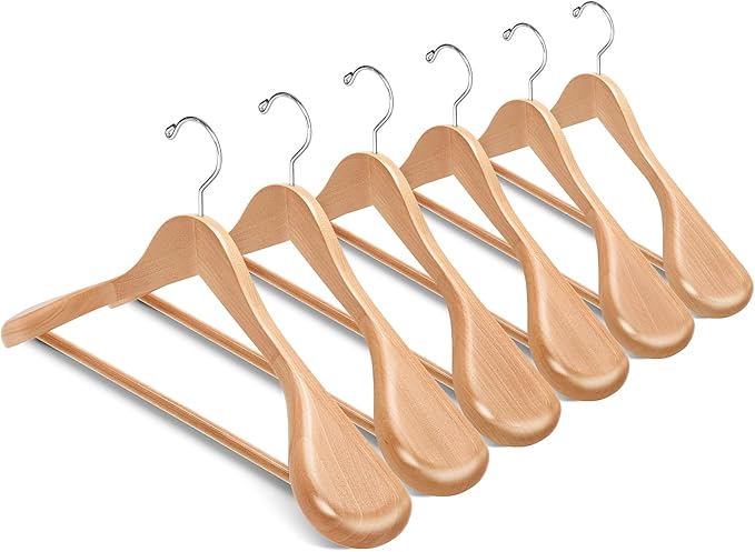 Amber Home 6 Pack Wide Shoulder Wooden Suit Coat Hangers with Non Slip Pants Bar, Solid Wood Jacket Clothes Hangers Smooth Finish for Sweater, Pants, Heavy Clothes (Natural, 6 Pack)