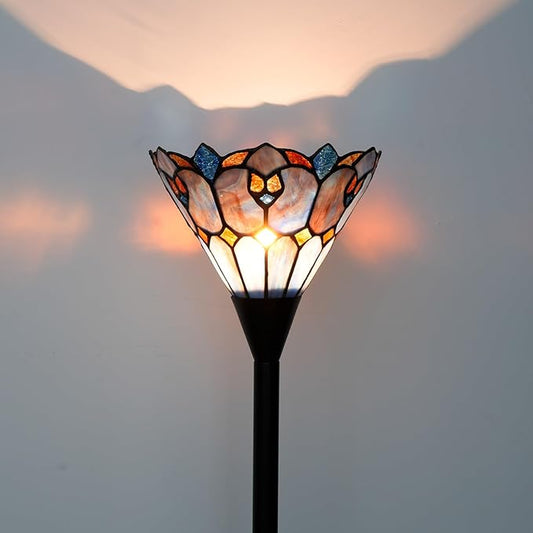 Tiffany Stained Glass Torchiere Floor Lamp Tiffany Style Standing Corner Light Antique Handcrafted Pole Floor Reading Uplight Lamp (Bulb Include)