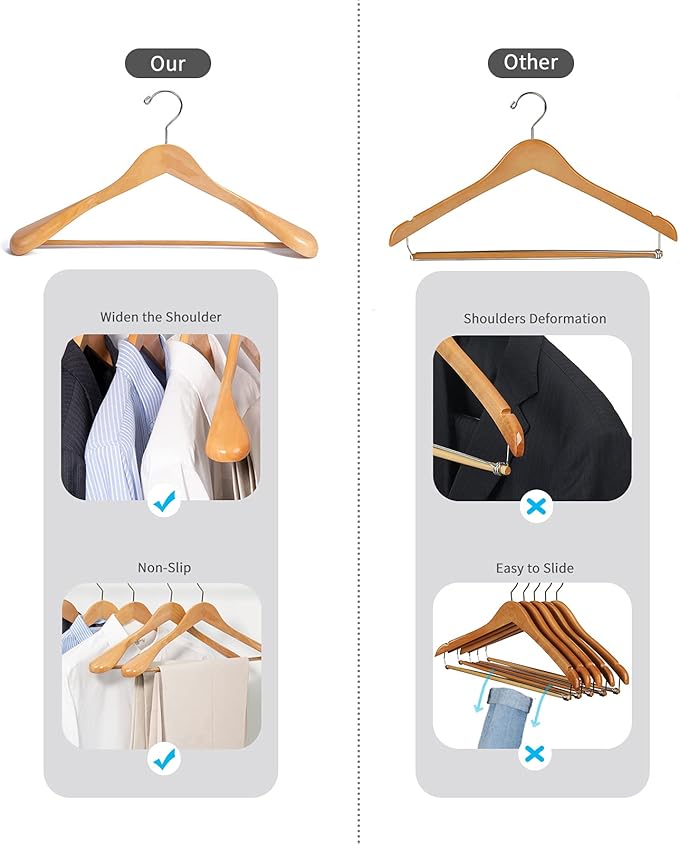 Nature Smile Luxury Natural Wooden Suit Hangers - 6 Pack - Wood Coat Hangers,Jacket Outerwear Shirt Hangers,Glossy Finish with Extra-Wide Shoulder, 360 Degree Swivel Hooks & Anti-Slip Bar with Screw
