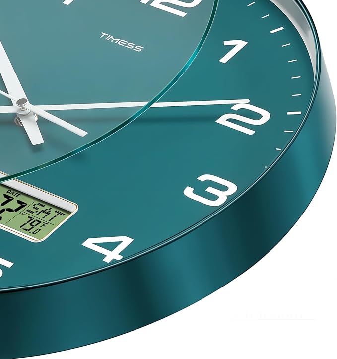 Wall Clock, 13" Dial Non-Ticking Silent Battery Operated Analog with LCD Display for Perpetual Calendar and F° Temperature, Ideal Modern Home, Office Decor (Green)