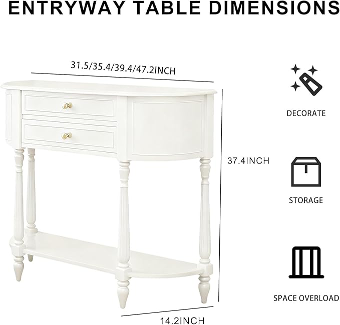White Entryway Table Narrow, Half Moon Console Table with Two Drawers, Solid Wood Mid Century Modern Console Table with Adjustable Legs for Living Room, Foyer, or Hallway