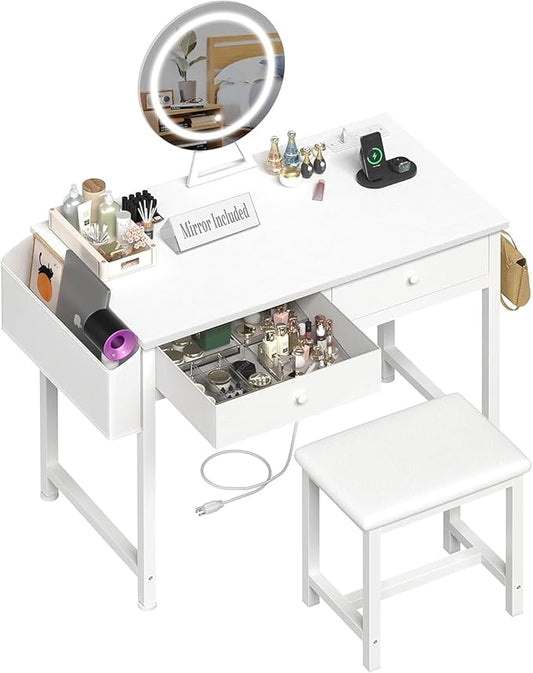 Makeup Vanity Desk with Mirror and Lights - Girls White Vanity Table Set with Chair, Fabric Drawers, Power Outlet, Small Modern Make Up Dressing Table for Bedroom