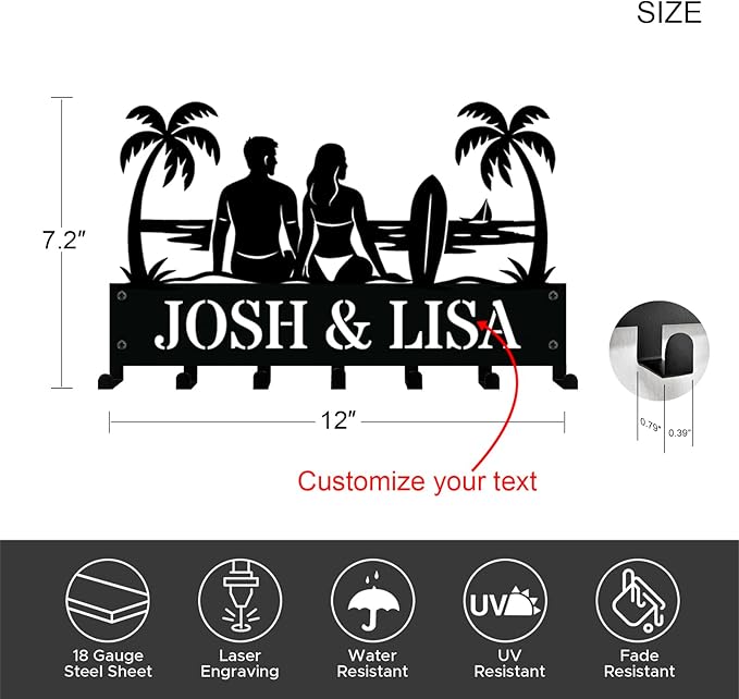 NIWAHO Personalized Key Holder for Wall - Custom Key Hanger with Family Name - Surfboard Couple Engraving Metal Wall Sign with Hooks, Housewarming or New Home Gift