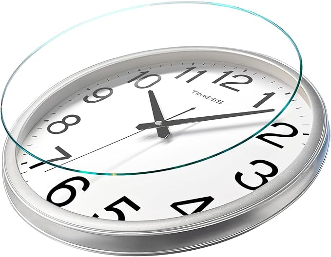 Wall Clock, 13 Inch Large Dial Non-Ticking Silent Battery Operated Quality Analog, Ultra-Quiet Movement Quartz, Timeless Stylish Clock, Ideal Modern Home, Office Décor (Sliver)