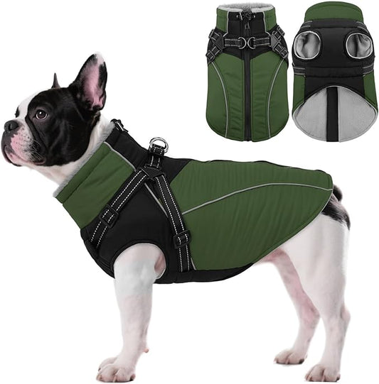 ASENKU Reflective Dog Coat with Built-in Harness, Windproof Fleece-Lined Dog Jacket for Small, Medium, Large Dogs, Warm Winter Vest with Turtleneck & Zipper (Green M)