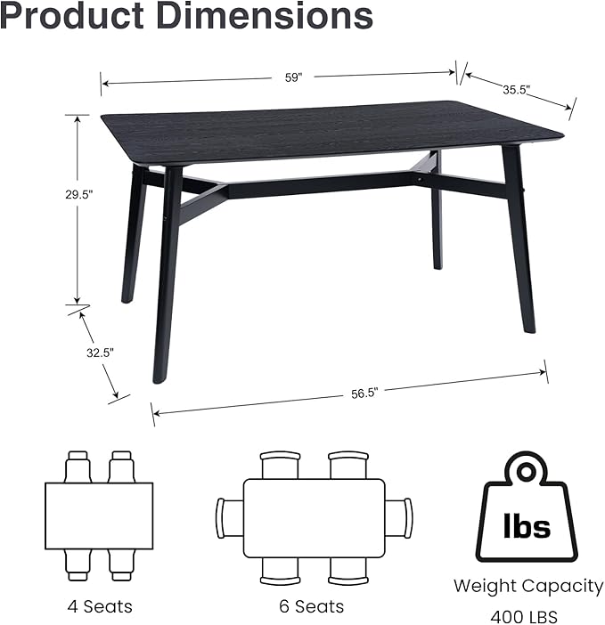 DUOMAY Modern Wooden Dining Table for 4-6 People, 59" Large Rectangular Dinner Table with Wood Legs for Home Dining Room Restaurant Farmhouse Kitchen, Black