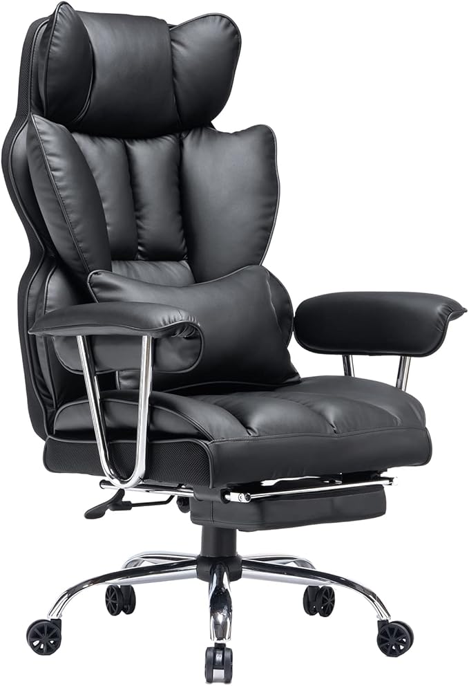 Efomao Big and Tall Office Chair with Foot Rest 400LBS, PU Leather Computer Chair, Heavy Duty Executive Office Chair with Lumbar Support, Black Home Office Chairs
