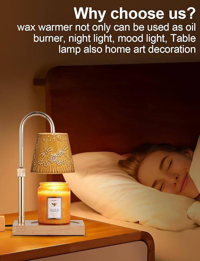 Ceramic Candle Warmer Lamp Dimmable Electric Lamp Candle Warmer for Jar Scented Candles Adjustable Height Mothers Day Birthday Gifts for Women Mom Grandma Offices Home Decor Light(Yellow Dragonfly)