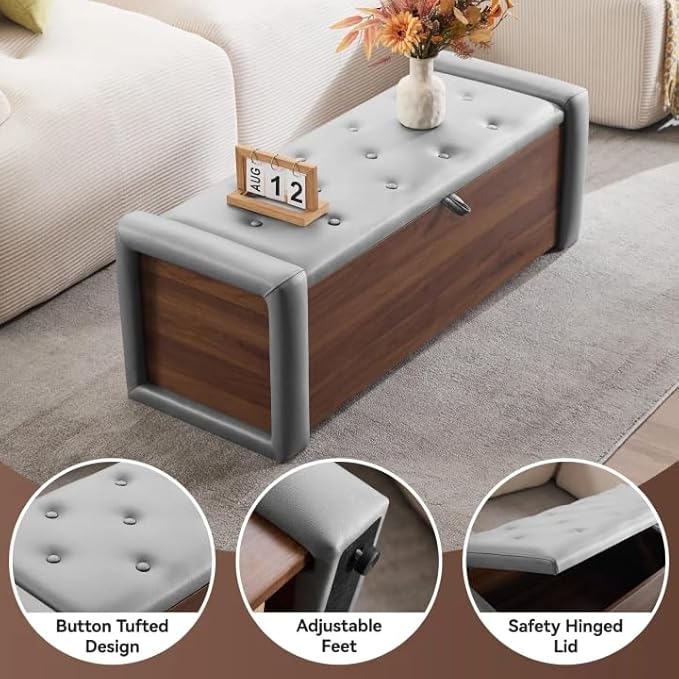 48" Large Storage Ottoman Bench, Faux Leather Upholstered Bed Bench with Button Tufted, End of Bed Ottoman with Safety Hinge for Bedroom, Living Room, Window，or Entryway, Drak Grey Shoe Storage Chest