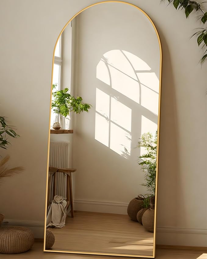 Full Length Mirror, 58"x19" Arched Floor Mirror Freestanding, Floor Standing Full Body Mirror with Stand for Bedroom, Hanging Mounted for Living Room Cloakroom, Gold