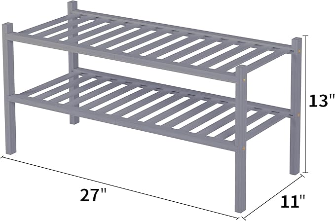 2 Tier Bamboo Shoe Rack for Closet Free Standing Wood Shoe Shelf for Entryway Small Space Stackable 27"x11"x13" (Grey)