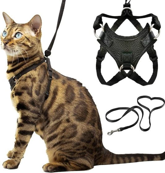 Houdini™ Escape Proof Cat Harness and Leash Set by OutdoorBengal for Walking Cats and Kittens (Vegan Leather, Large Cat)