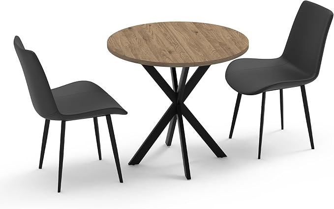 31.5" Round Dining Table and Chairs Set for 2, Small Dining Table Chairs Set Space-Saving, Round Table Set with Upholstered Chairs for Kitchen Dining Room Apartment(Natural + Black)