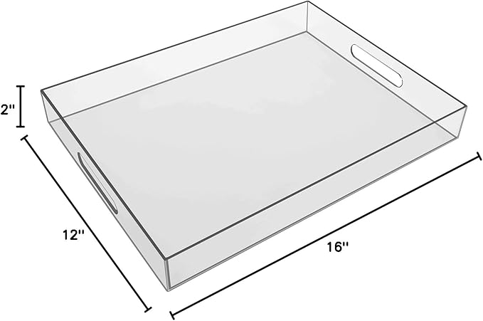 Sooyee Clear Acrylic Tray Decorative,16" x 12" Plastic Serving Trays for Coffee Table,Kitchen,Bathroom,Food,Vanity Countertop,Large Ottoman Tray with Handles