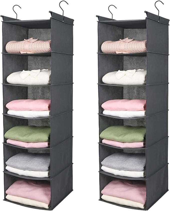 MAX Houser 6 Tier Shelf Hanging Closet Organizer, Closet Hanging Shelf with 2 Sturdy Hooks for Storage,2 Pack, Foldable (Grey)