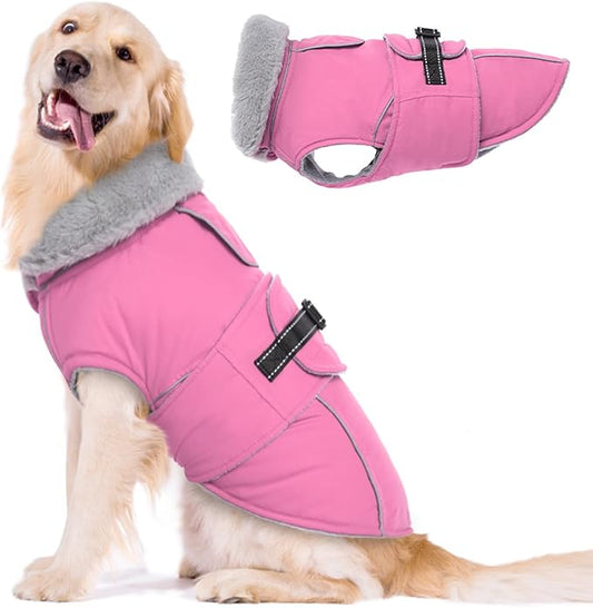 Lelepet Warm Dog Coat Reflective Fleece Vest Waterproof Dog Jacket with Adjustable Buckle Hook & Loop Windproof Cold Weather Coats for Small Medium Large Dogs, Pink, XXXL