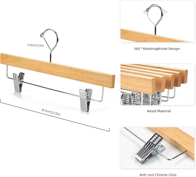Nature Smile Solid Lotus Wood Deluxe Wooden Pants Hangers Bottom Hanger Jeans Hanger Skirt Hanger with 2-Adjustable Clips Anti-Rust Hook Pack of 10 (Natural)