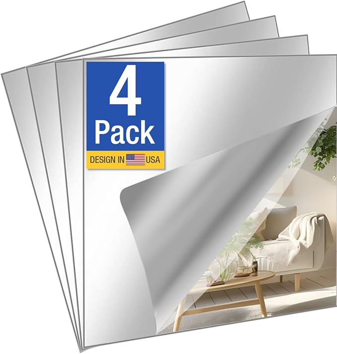 4 Pack Peel and Stick Mirror Tiles, 16x16 Inch Shatterproof Flexible Stick on Mirrors for Wall, Full Length Body Mirror for Home Gym, Bedroom, Door and Bathroom Decor