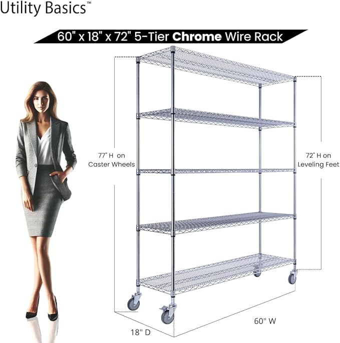 NSF Commercial 5-Tier Wire Shelving with Wheels, 60"x18"x72" Heavy Duty Metal Shelves 4000 lbs Max Capacity, Chrome Storage Rack for Garage Kitchen Pantry Warehouse