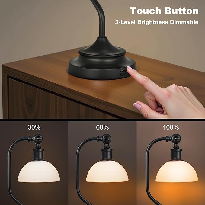 Cordless Vintage Bankers Table lamp, 5200-mAh Rechargeable Battery, 3-Level Brightness, Build-in Integrated LED 320 Lumen Max, Half-Globe Glass Shade, for Bedside Desk Nightstand Light