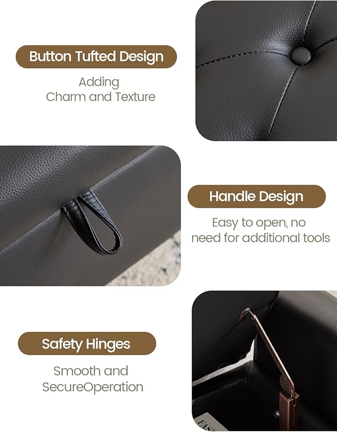 47" Storage Ottoman Bench, End of Bed Bench for Bedroom, Leather Upholstered Ottoman with Storage for Living Room, Entryway, Window (Black)