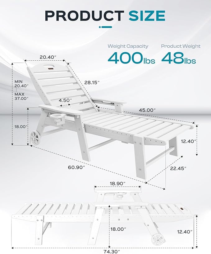 Outdoor Chaise Lounge Chair Set of 2, Patio Lounge Chairs for Outside, HDPE Lounge Chairs with Wheels & Cup Holder, Poly Lounge Chair with 5 Position for Poolside, Deck, White
