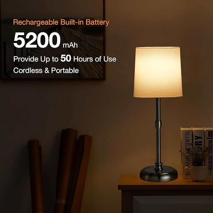 Cordless Black LED Table lamp, 5200-mAh Rechargeable Battery, 3-Level Brightness, Build-in Integrated LED 320 Lm Max, Night Lamp Ambient Light, for Bedside Restaurant Dining Table