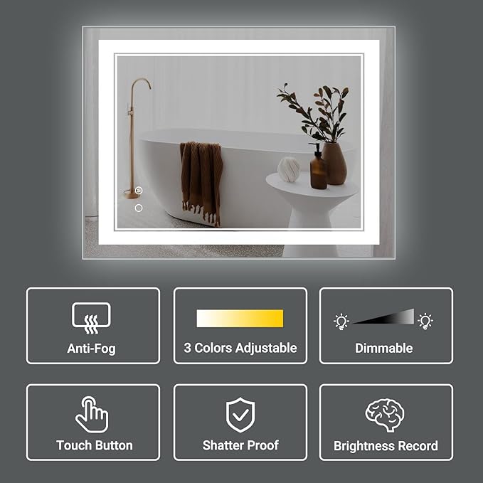 40" x 30" LED Bathroom Mirror Wall Mounted Anti-Fog Vanity Mirror Lighted Dimmable Led Makeup Mirror with Lights