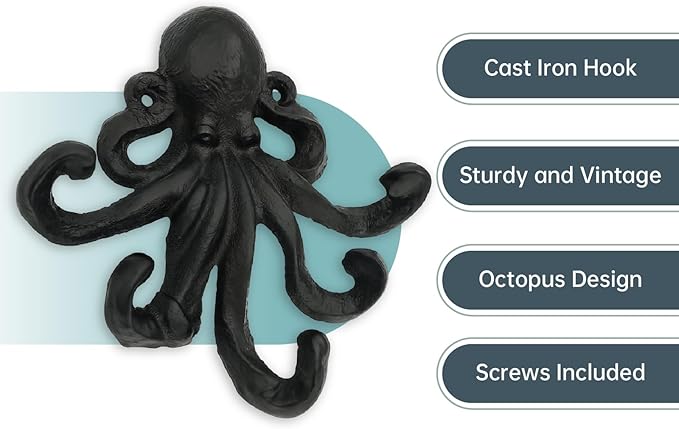 Octopus Cast Iron Wall Hook – Nautical Decorative Key Holder, Coastal Ocean Theme Wall Hanger for Entryway, Bathroom, or Bedroom, Heavy Duty Black Metal Hook
