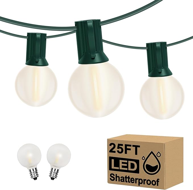G40 25FT LED Outdoor Christmas String Lights,Frosted Globe Lights with 27 (2 Spare) Plastic Shatterproof Round Bulbs